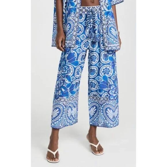 Farm Rio Tile Dream Wide Leg Cover-Up Cotton Pants Blue Large - Picture 1 of 6